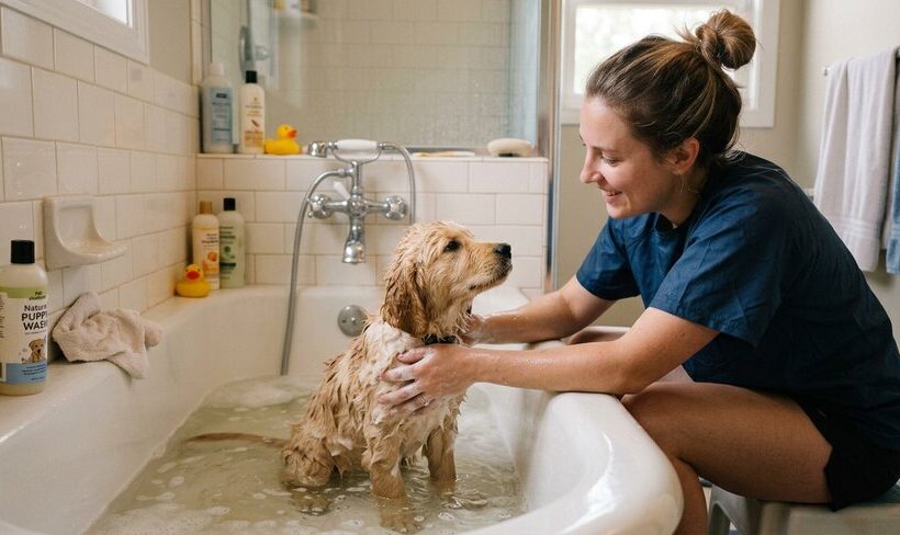 Un cane in una vasca da bagno per parlare della frequenza dei lavaggi nei cuccioli di cane e gatto