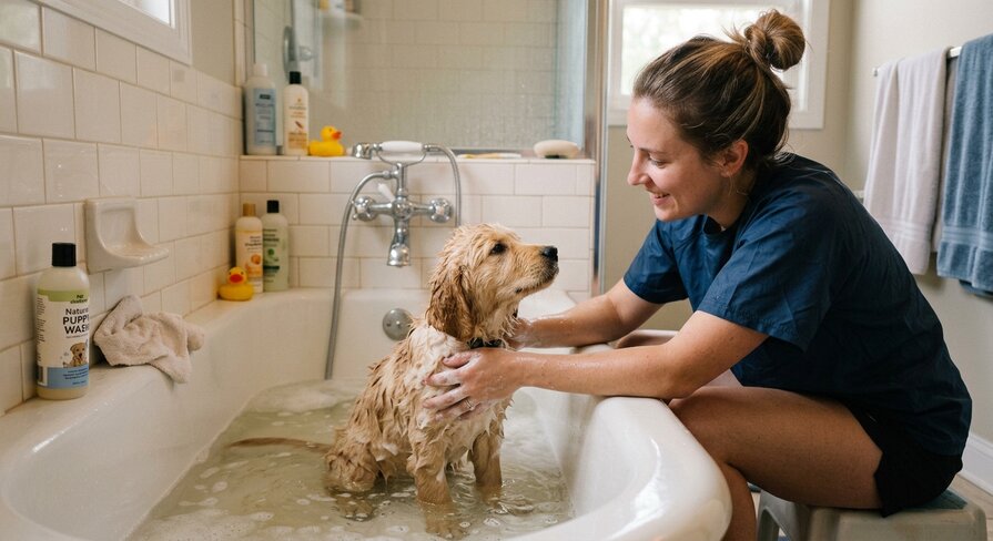 Un cane in una vasca da bagno per parlare della frequenza dei lavaggi nei cuccioli di cane e gatto