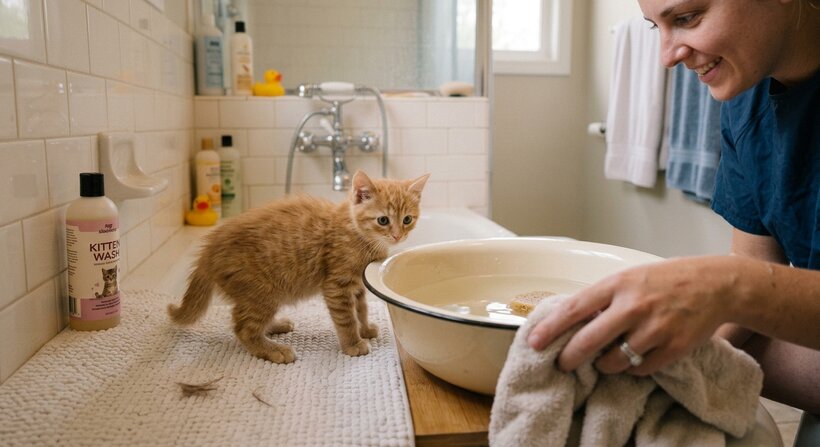 Un gattino davanti una bacinella con dell'acqua per parlare della frequenza dei lavaggi nei cuccioli di cane e gatto